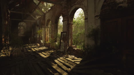abandoned building with sunlight streaming through broken arches and greenery