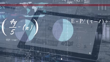 animación del procesamiento de datos estadísticos y ecuaciones matemáticas en primer plano de una tableta digital.