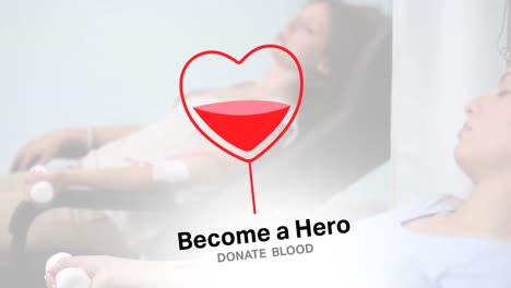Animation-of-heart-shape-blood-bag-and-become-a-hero-text-over-caucasian-female-patients