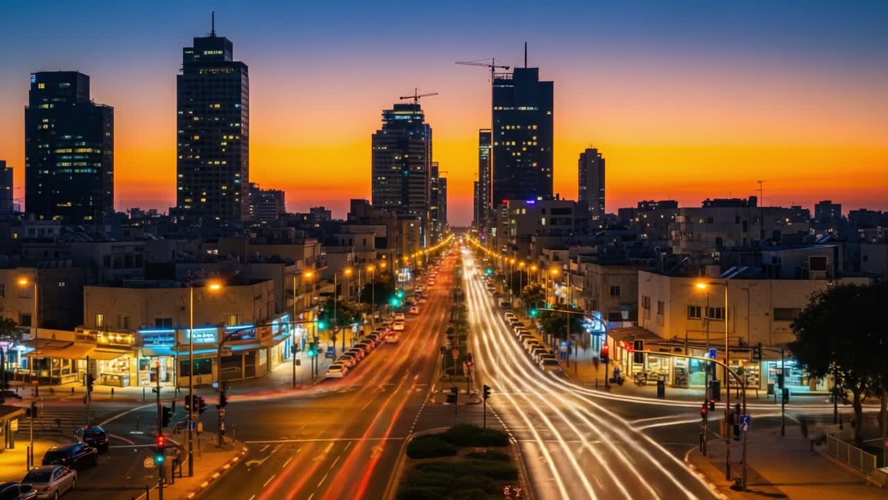 A Stunning Transformation of an Urban Skyline: Day to Night Transition Over a Bustling City Street with Vibrant Traffic Lights and Skyscrapers Under a Twilight Sky