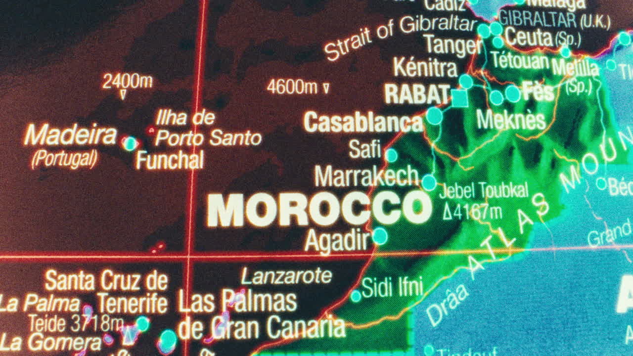 Vista aproximada de um mapa mostrando Marrocos e regiões vizinhas