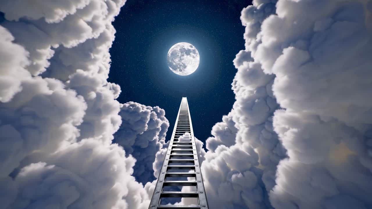 Surreal video concept of a ladder reaching the moon, surrounded by clouds