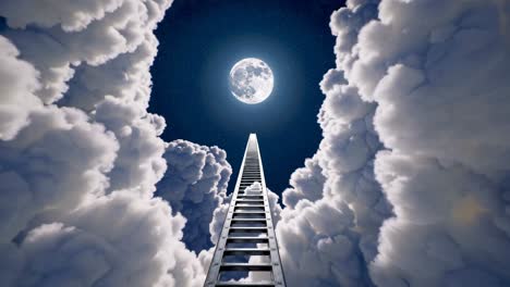 Surreal video concept of a ladder reaching the moon, surrounded by clouds