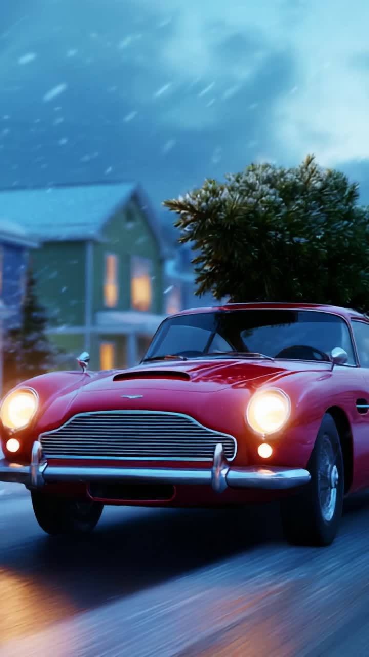 A Classic Red Sports Car Drives Through a Snowy Neighborhood with a Christmas Tree on Its Roof, Capturing the Spirit of the Holidays and Winter Celebrations in a Beautiful, Festive Atmosphere