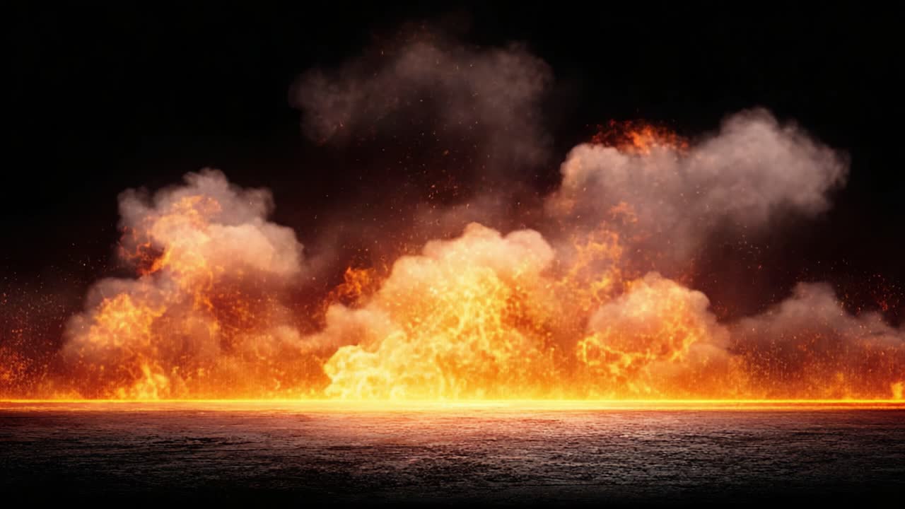 Tempesta di fuoco dinamica ed esplosiva: Immagine accattivante di un'eruzione infuocata con fiamme vivaci e fumo denso su uno sfondo scuro