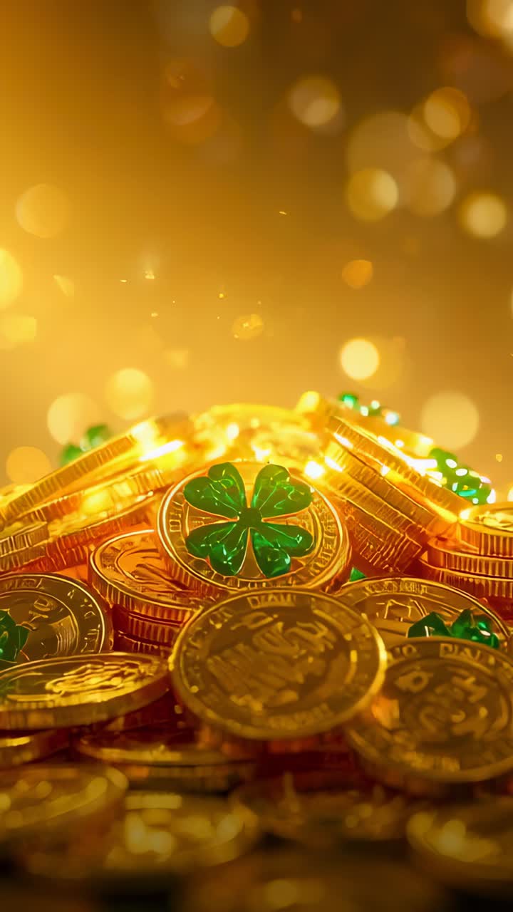 Vertical video: Pushing camera, lights boosting gold coins' sparkle in studio to emphasize clover