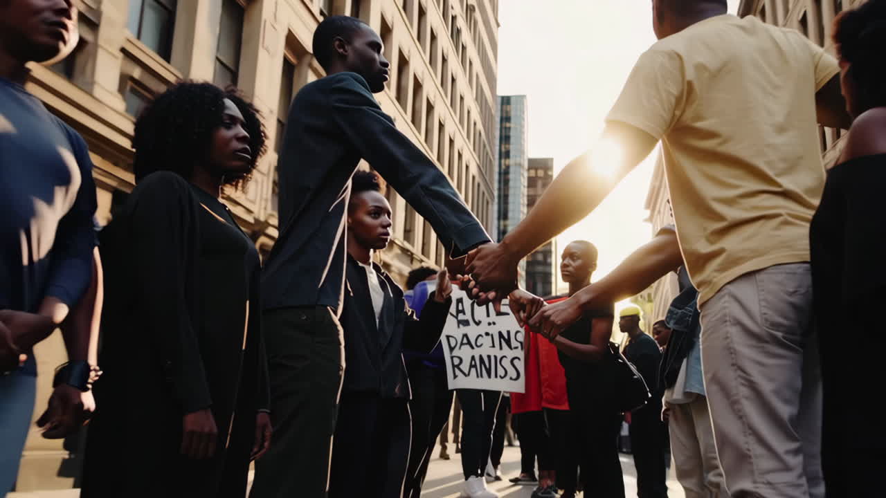 People holding hands in solidarity at a social justice demonstration