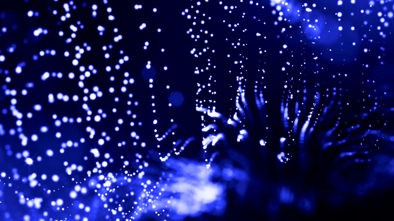 빛나는 입자의 3d 렌더링은 공상과학 소설의 배경이나 현대적 추상적인 파란색 배경으로, 광장 깊이와 보케를 가진 입자가 vj 루프를 형성합니다.