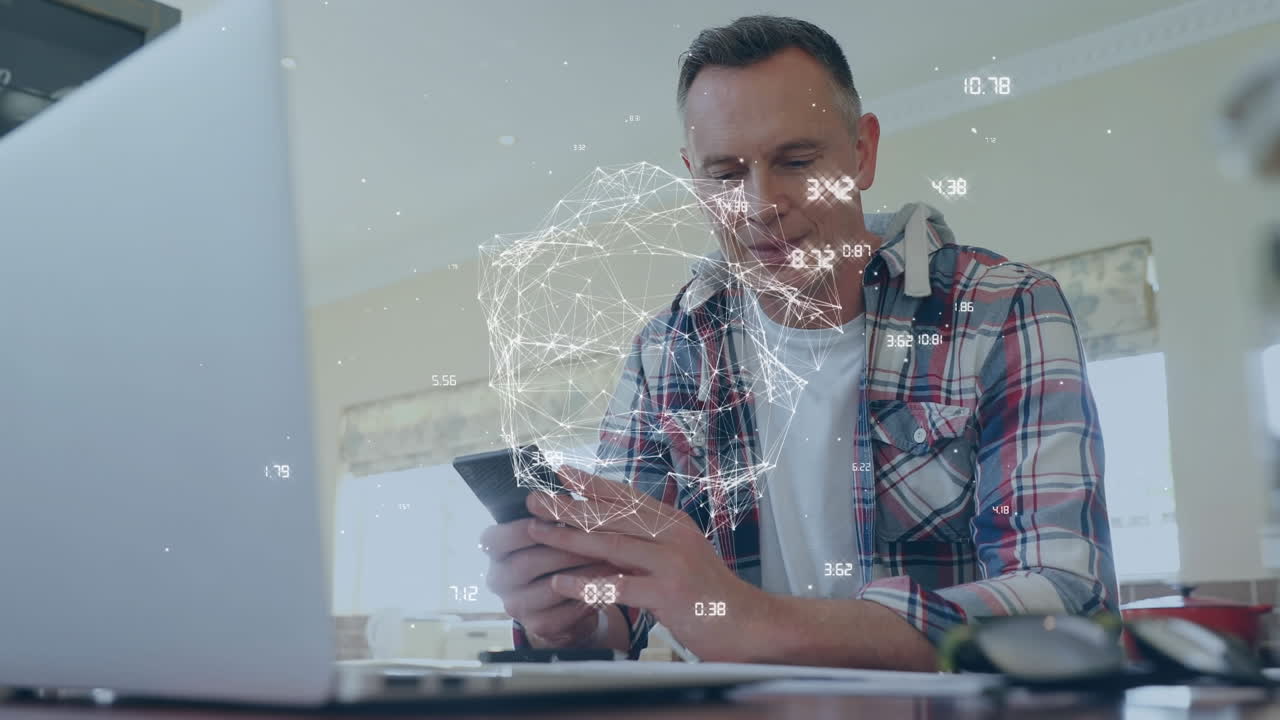 Animation of connections and globe over happy caucasian man using smartphone