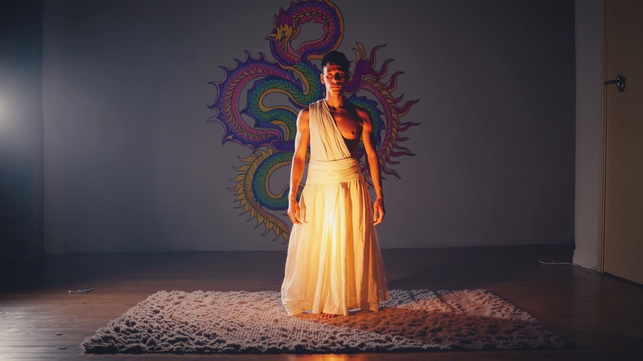 Individual in flowing garment stands confidently on textured rug, illuminated by warm light, showcasing a captivating moment of serene expression and artistic ambiance
