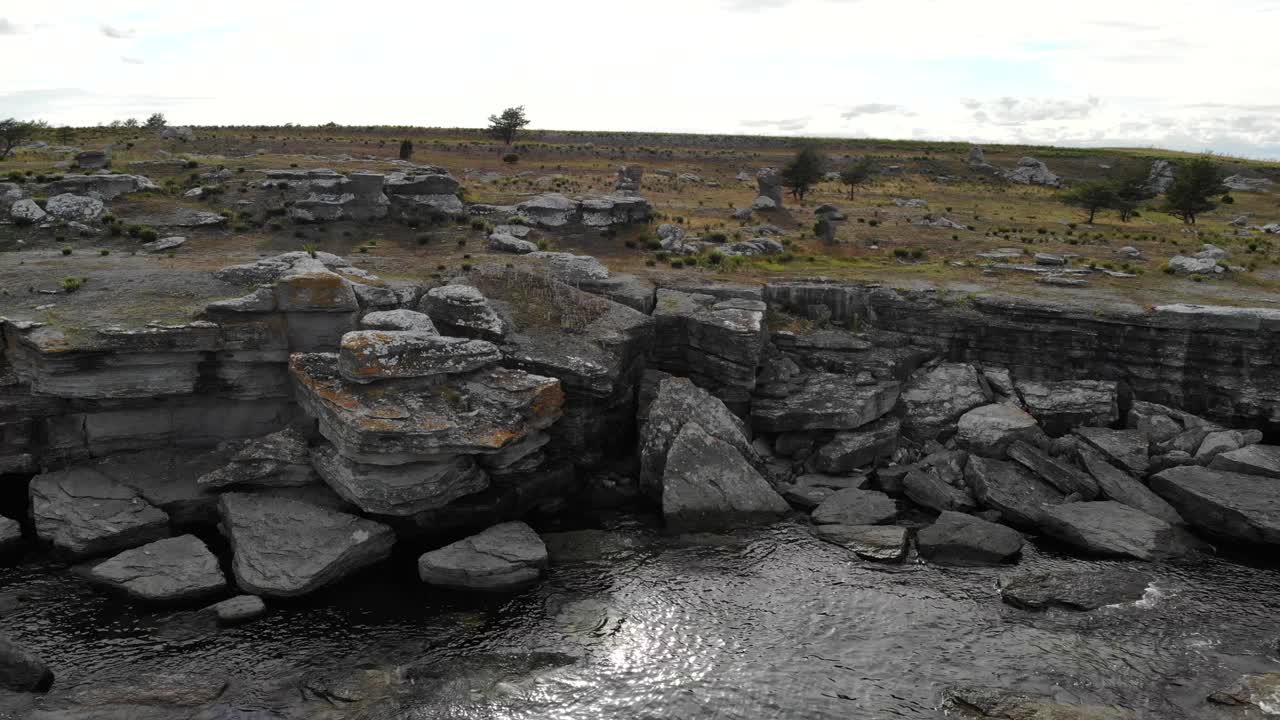 Asunden Nature Reserve, Gotland. Tracking aerial shot of the Raukfields