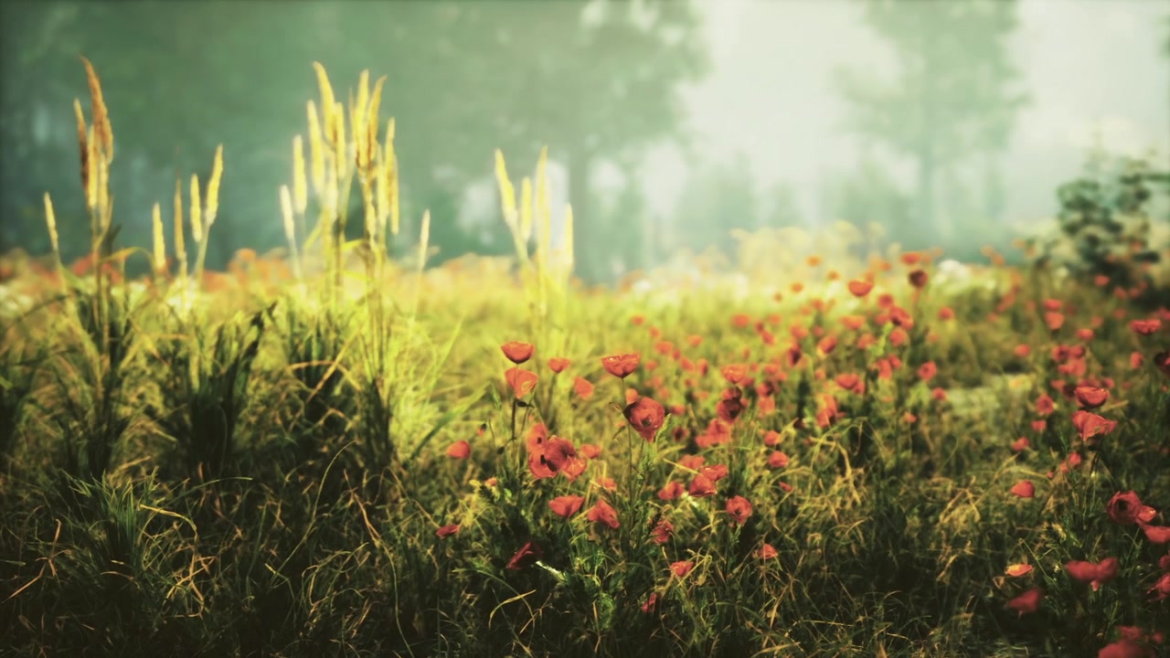 Quiet pasture filled with vibrant poppies stretching towards hazy horizon