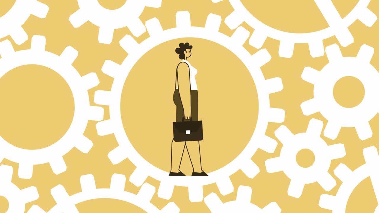 노란색 스타일 여성 평평한 캐릭터 고 기어 시스템을 회전합니다. 알파 채널과 함께 고립 된 루프 애니메이션