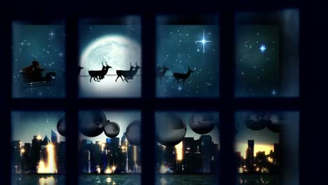 marco de la ventana contra santa claus en trineo siendo tirado por renos sobre el paisaje urbano