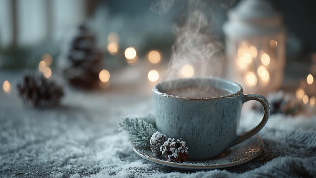 Warm and Inviting Cup of Hot Beverage Surrounded by Cozy Winter Decor and Soft Bokeh Lights