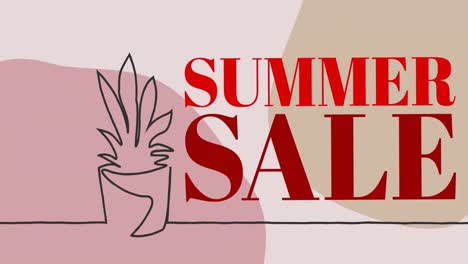 Animation-of-summer-sale-text-with-outlined-plant-on-pastel-background