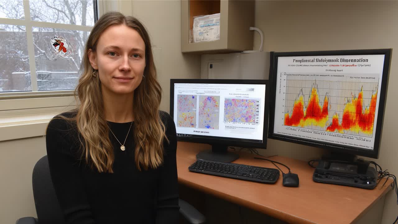 A dedicated researcher discusses data analysis methods while seated at a desk with visual aids illustrating significant observations in her field of study
