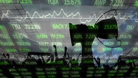 animación del procesamiento de datos en la interfaz sobre el trofeo y los aficionados deportivos en el estadio