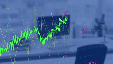 Animation-of-data-processing-over-grid-network-against-office-desk