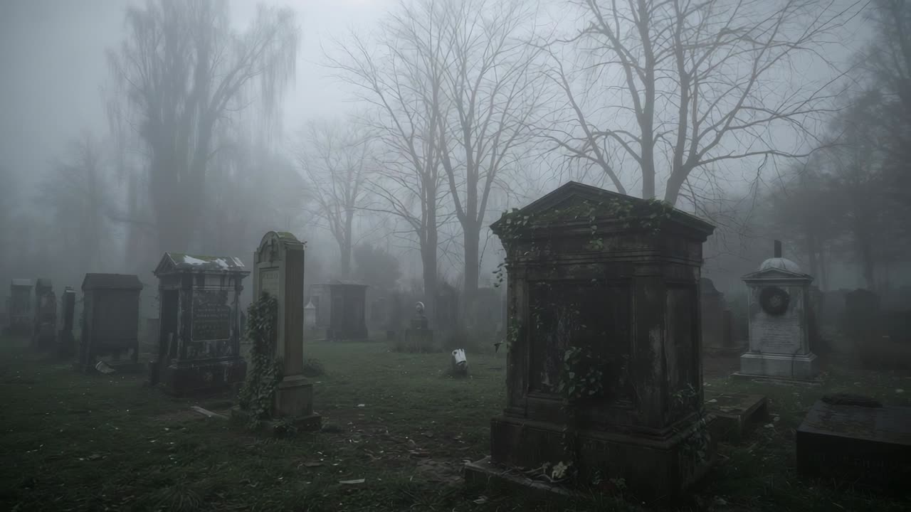 Camera initiating rightward pan over misty cemetery, revealing ivy-clad mausoleum and headstones