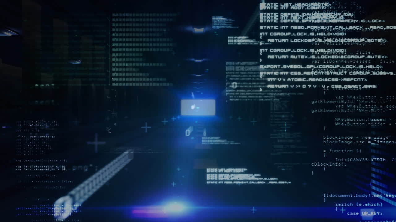 이진 디지털 인터페이스가 어두운 배경에서 카메라를 향해 움직입니다.