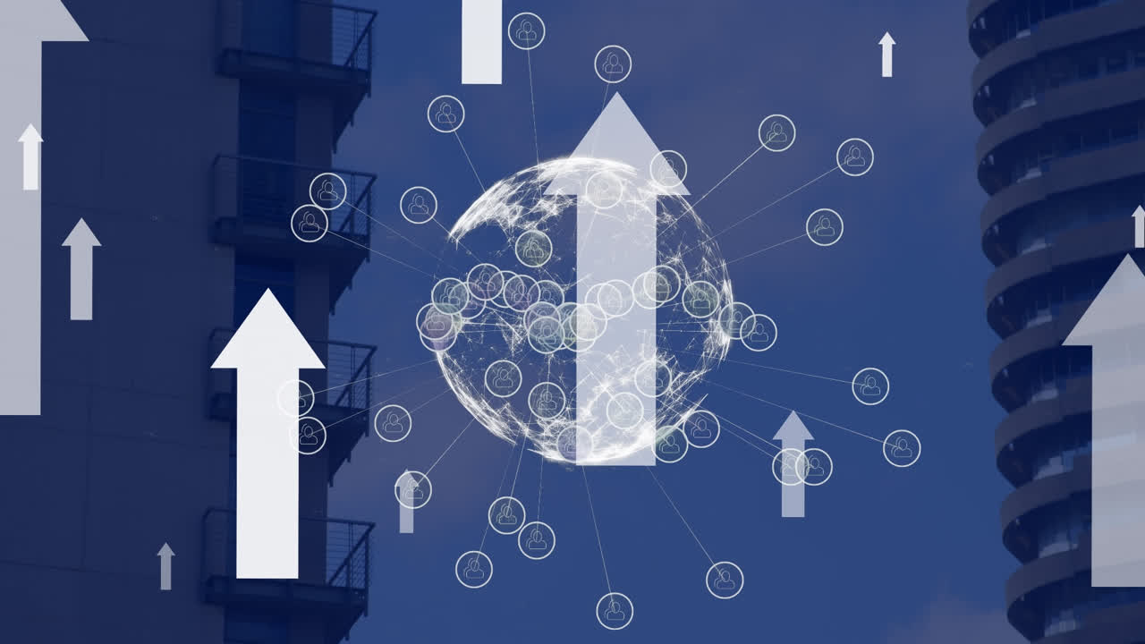 도시 풍경 위의 아이콘으로 연결된 네트워크의 애니메이션