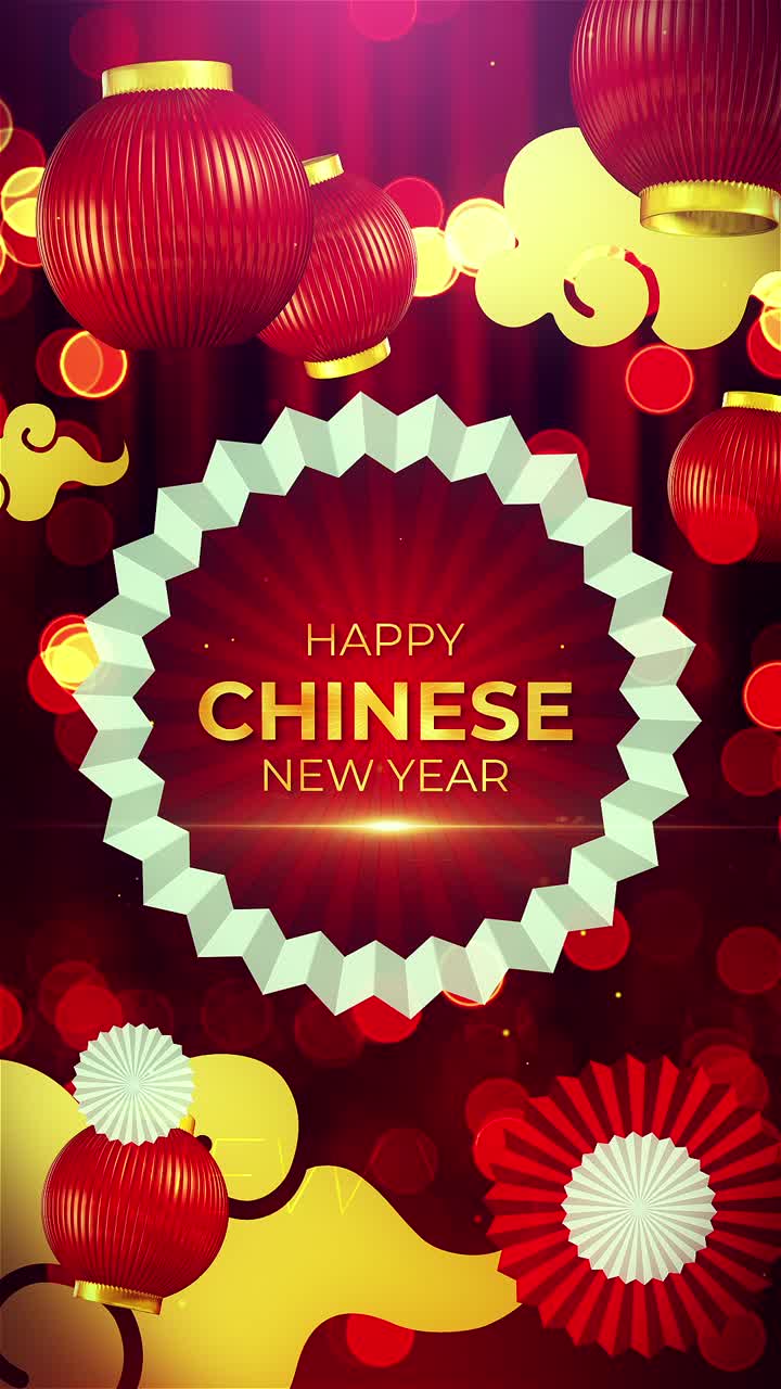 Celebrate the Lunar New Year with vibrant motion graphics featuring traditional Chinese themes like red and gold, lanterns.
