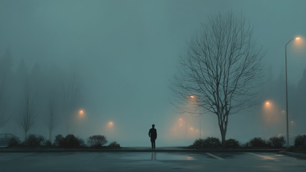 A solitary figure stands in an empty, foggy parking lot, surrounded by dim streetlights and shrouded trees, evoking a sense of mystery and introspection
