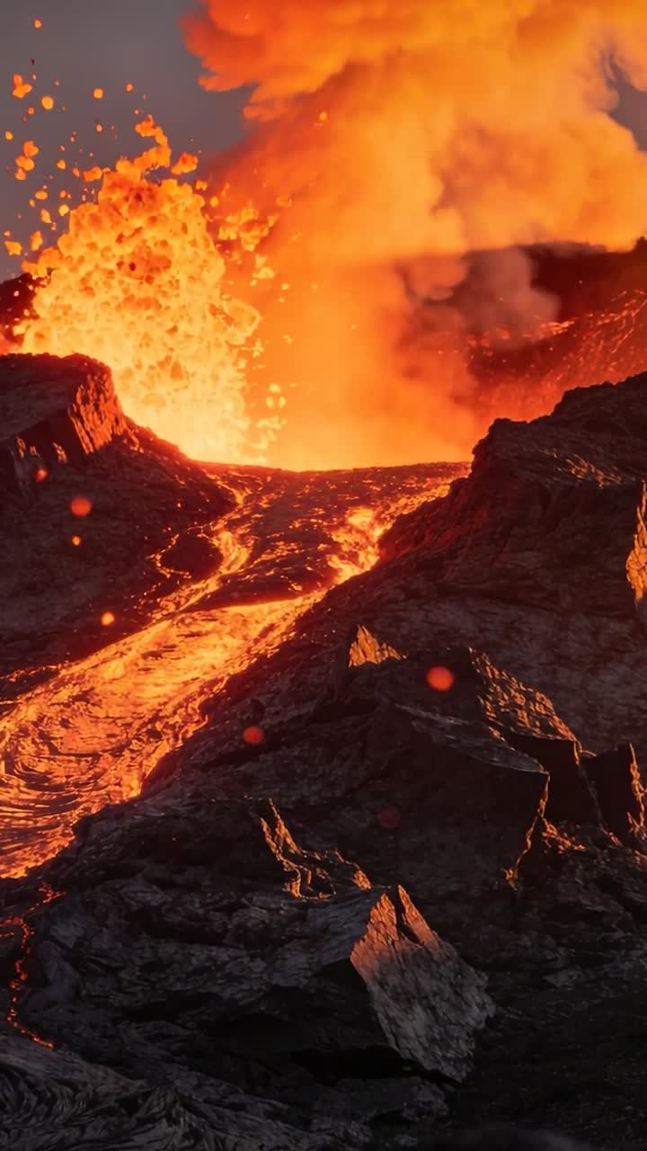 Volcanic vent erupting, magma pulse sending lava down slope, geology showing plume