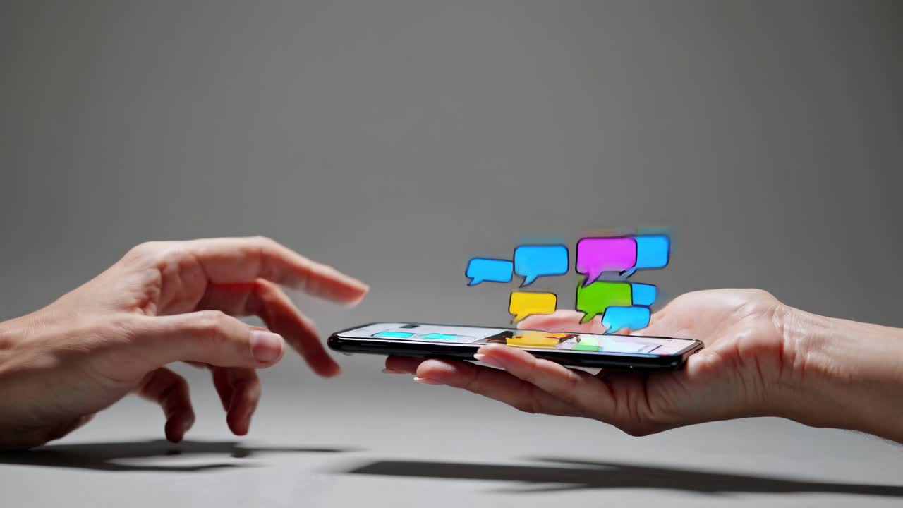 dos manos sosteniendo un teléfono inteligente con burbujas de habla flotantes