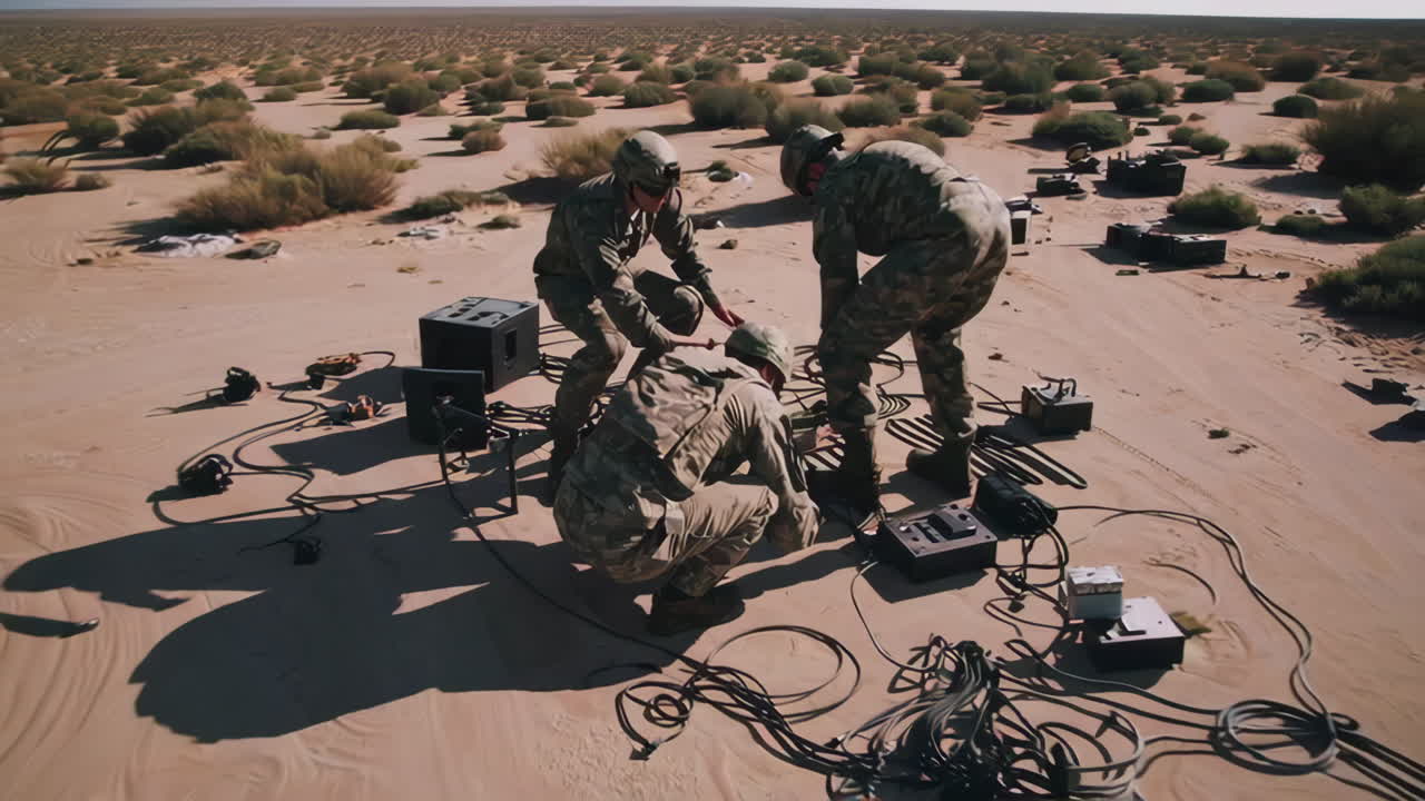 Military personnel working on equipment in a desert environment
