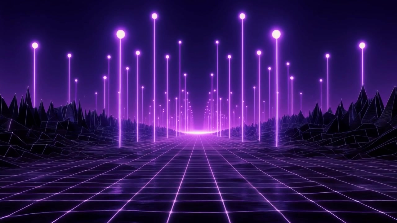 Paesaggio Digitale in Stile Retro Synthwave con Luci Viola Scintillanti
