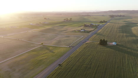 a road cuts through farmland at sunrise. the sun lights up the fields and long shadows stretch across the land