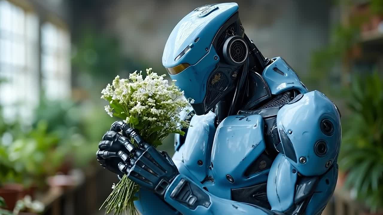 A robot holding a bunch of flowers in his hand