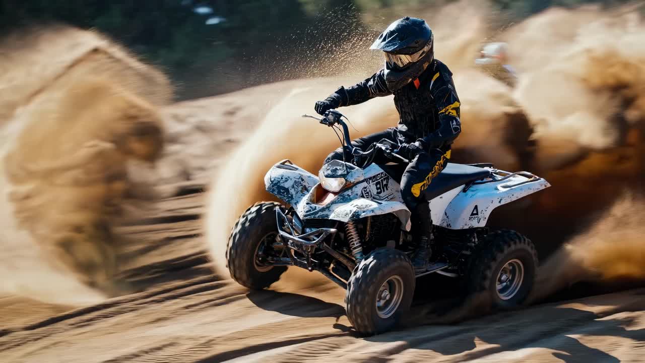 Video dinamico di un pilota di quad che solleva sabbia sulle dune, ripreso da un'angolazione bassa, che mette in mostra la velocità.