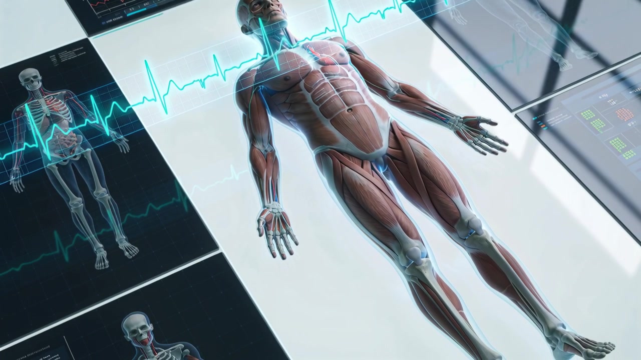 Animating ECG-waveform pulsing over lying 3D model in lab, left panels updating since first frame