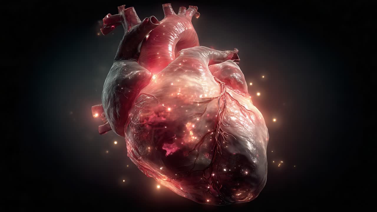 A Detailed Animated Representation of a Human Heart with Glowing Effects, Showcasing Its Anatomy and Life Force in Captivating Visual Style
