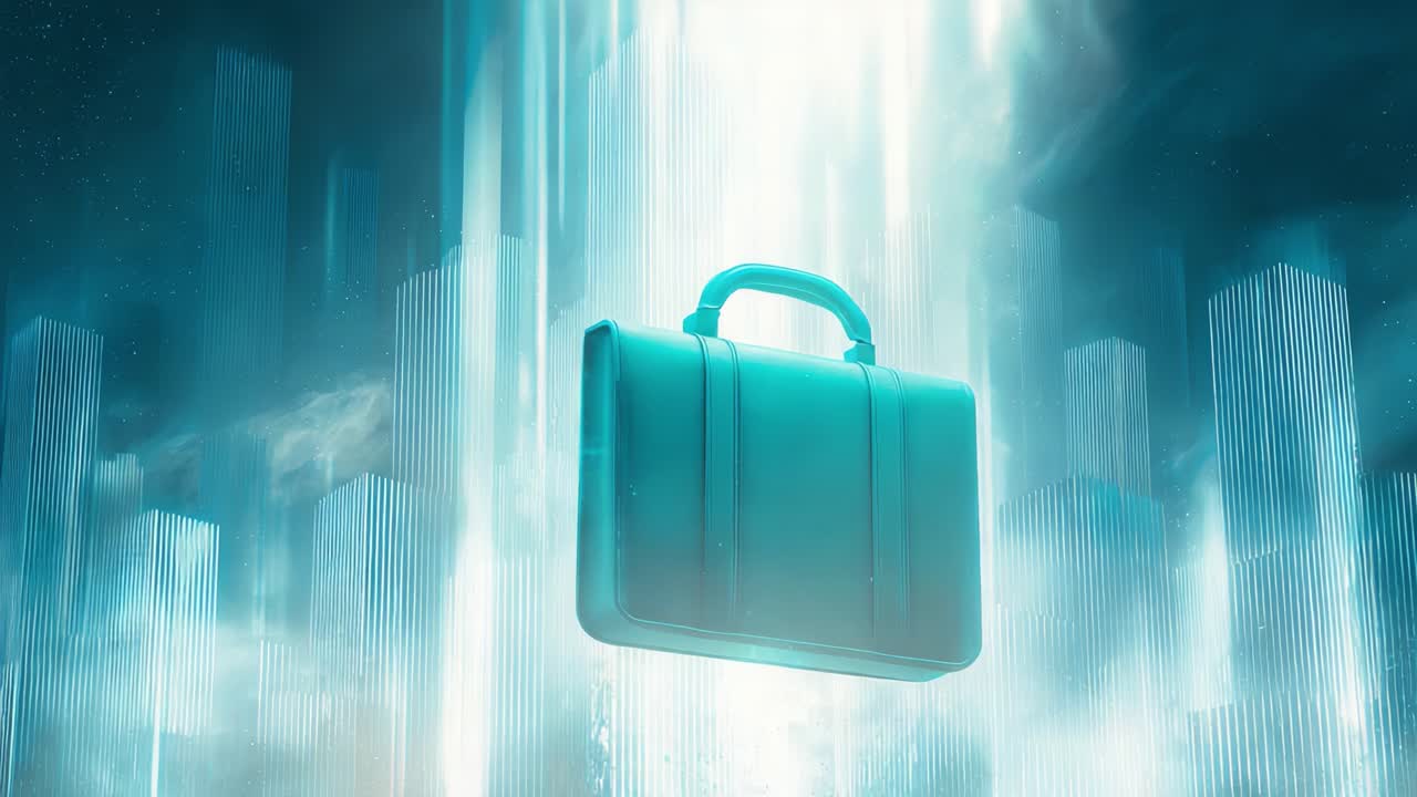 Cyan business briefcase levitating and spinning against a stylized, futuristic city background with glowing light beams, symbolizing corporate innovation, modern finance, and global commerce