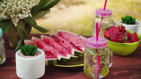 picnic table with juicy fruits and delicious lemonade