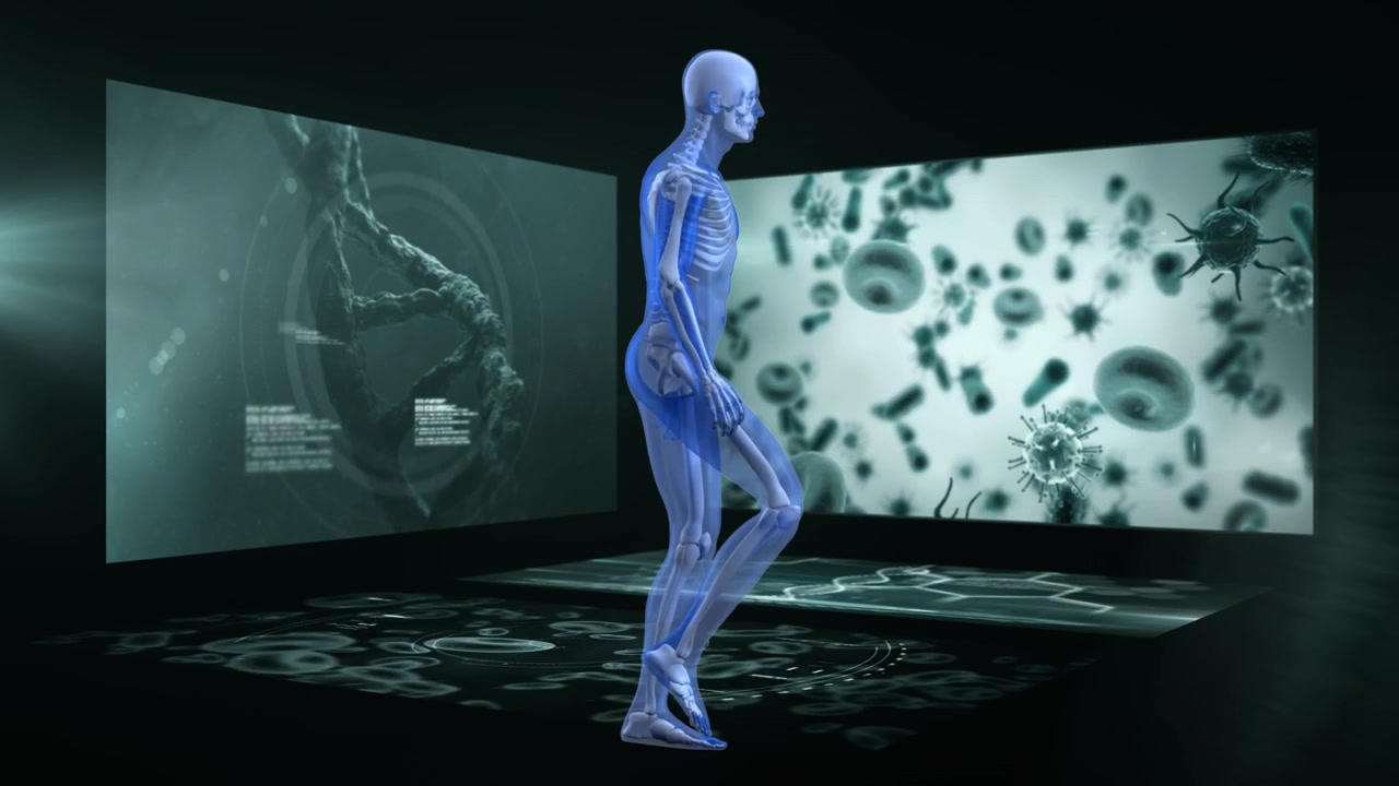 Digital Human Skeleton Walking in Futuristic Medical Laboratory