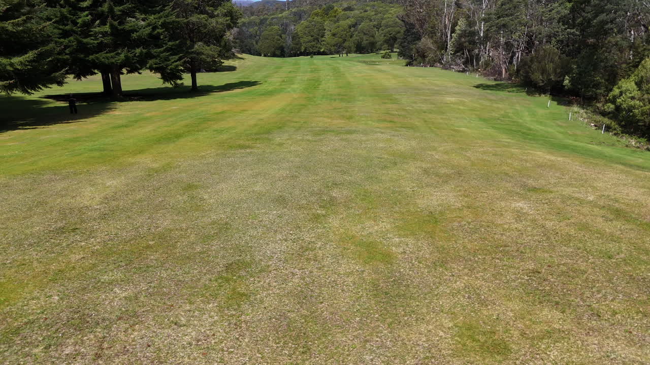 View stretches across the vibrant green fairway of a golf course, flanked by tall trees under clear blue skies. DRONE