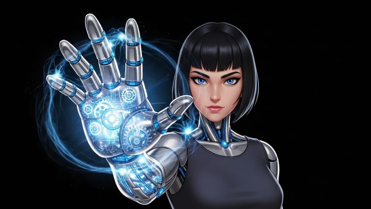 In a stunning visual portrayal of cybernetic innovation, a futuristic android woman exudes confidence, displaying her advanced capabilities through a glowing, gear-filled hand gesture