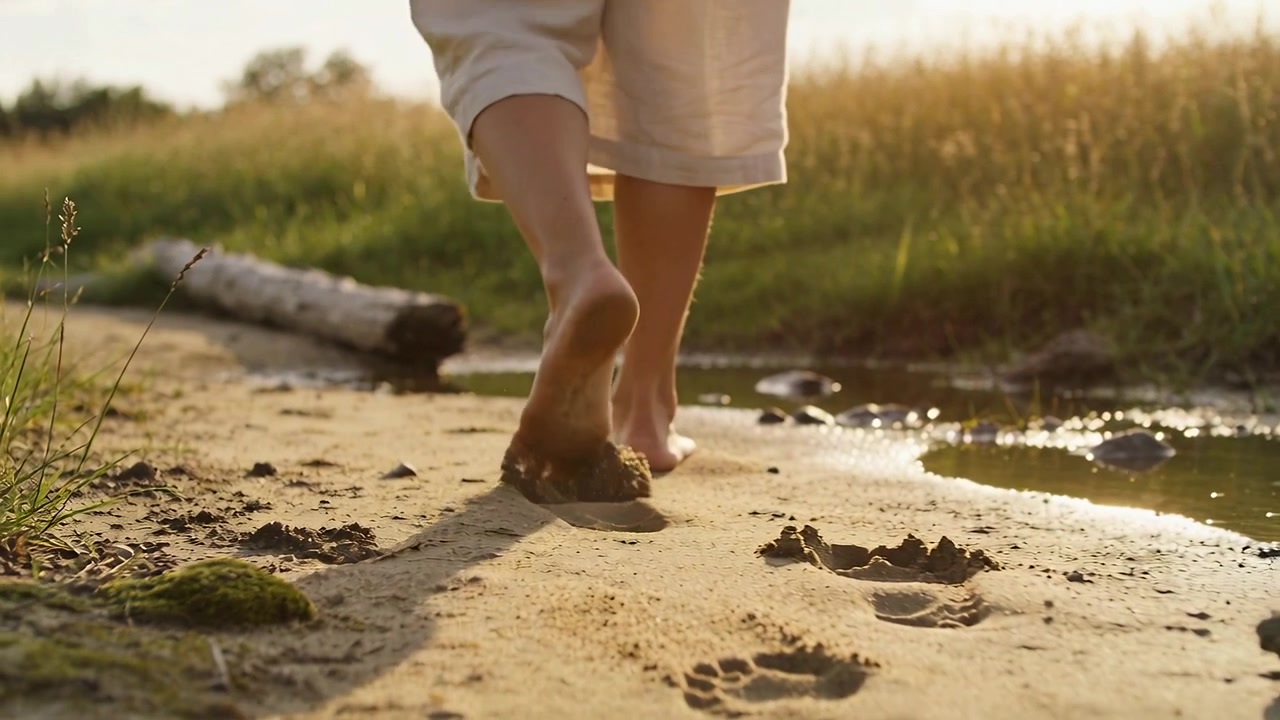 Donna che appoggia il piede, con i pantaloni arrotolati, passeggiando sulla riva al tramonto e lasciando impronte.