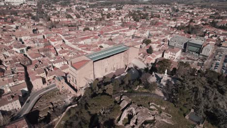 view from the sky of the city of orange, with its hill and its virgin mary, there is the ancient theater and the church