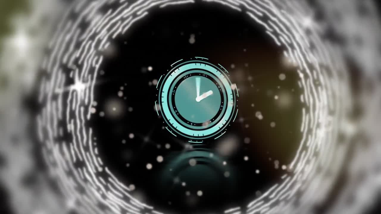 검은 바탕 위의 시계와 디지털 터널의 애니메이션