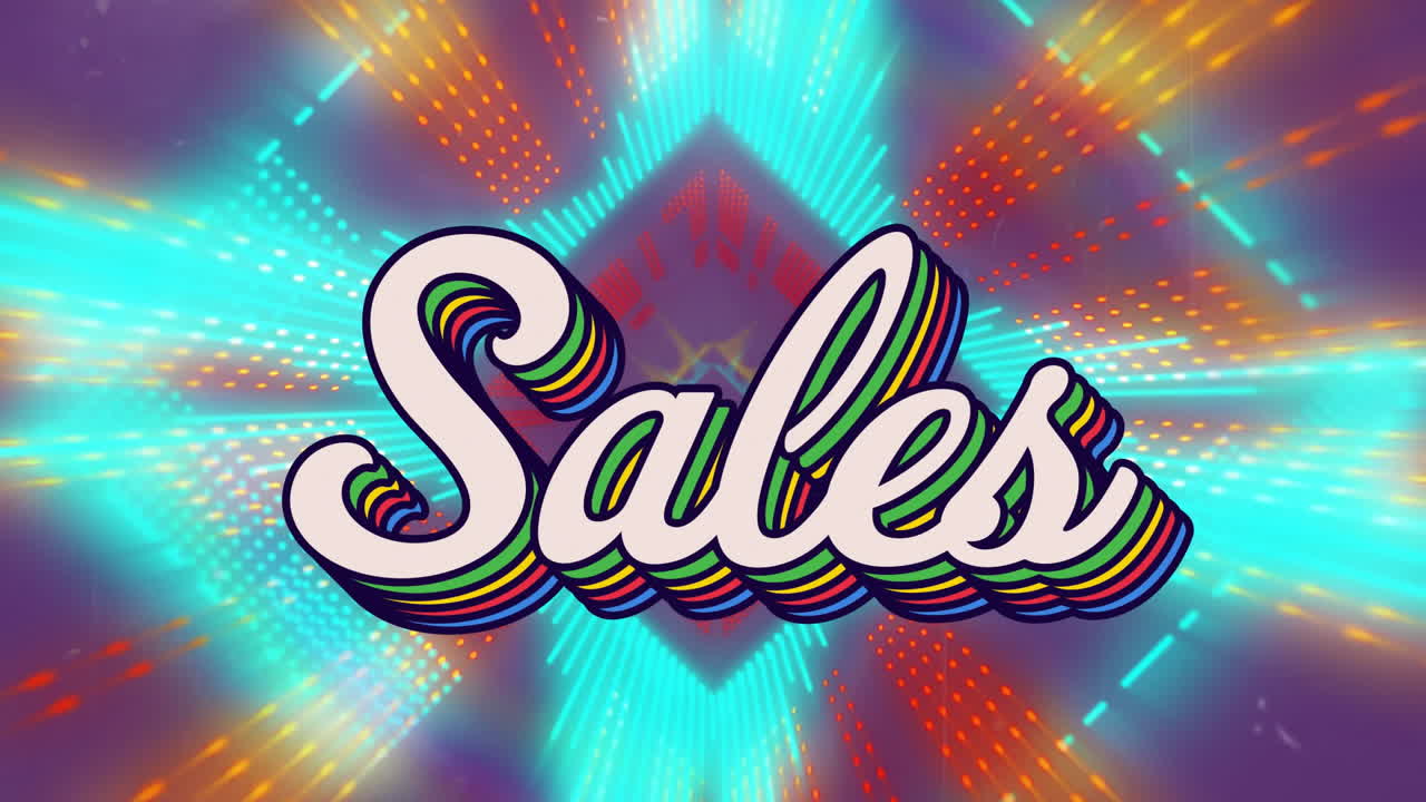 animación de texto de ventas sobre formas geométricas coloridas y efectos de luz