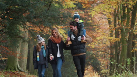 familia sonriente caminando por el camino a través del campo de otoño mientras el padre lleva al hijo sobre los hombros