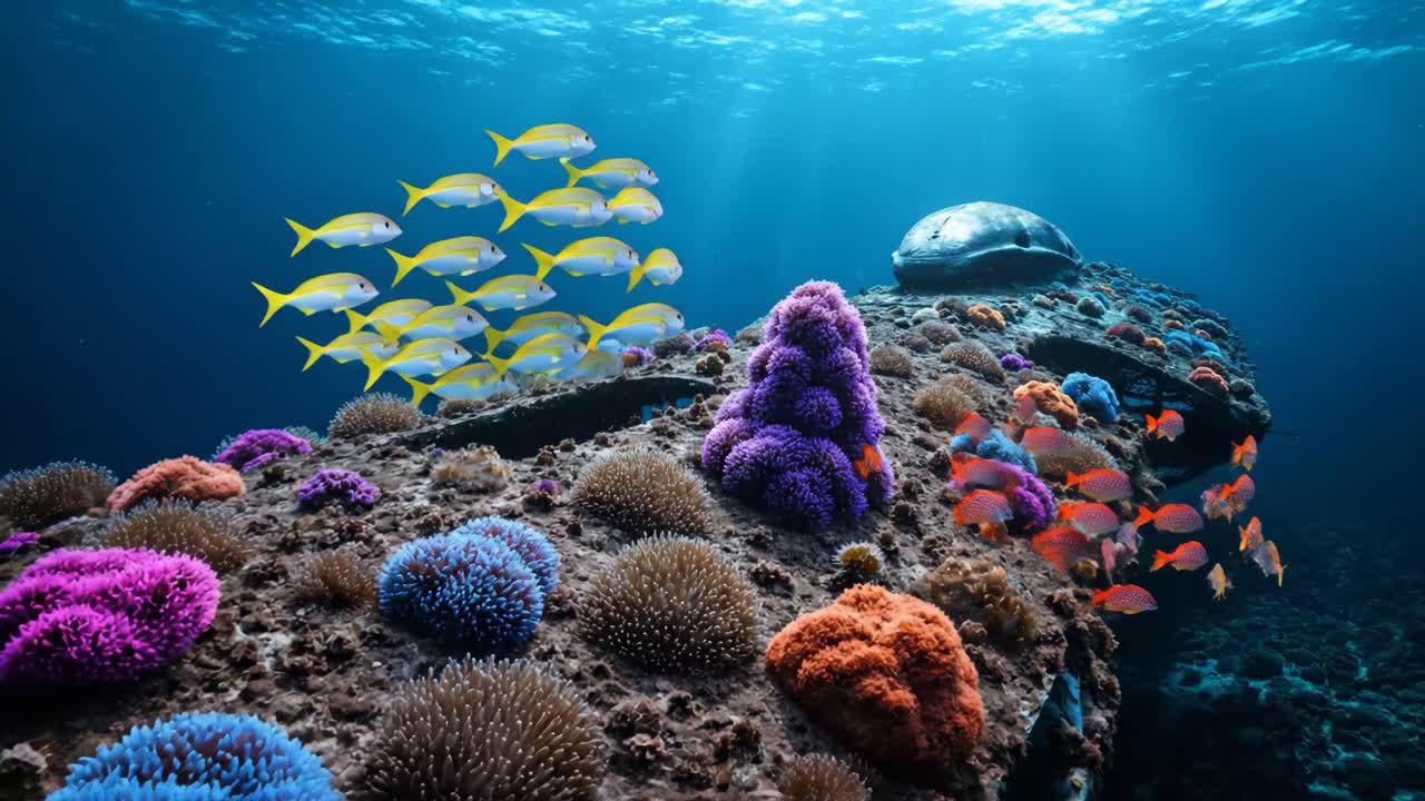 Vibrant Coral Reef with School of Fish