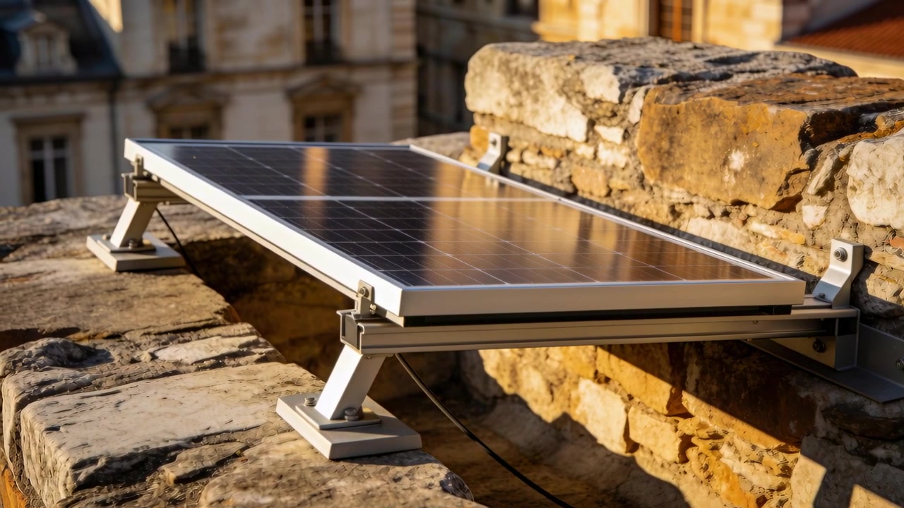 Telecamera che si sposta e cattura un pannello solare sul parapetto del tetto, mostrando le staffe di montaggio e il cavo.