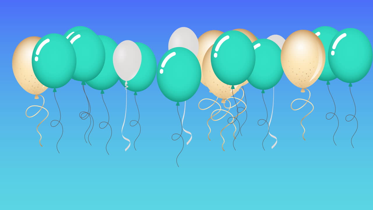 Animazione di palloncini verdi e oro che rimbalzano su sfondo blu.